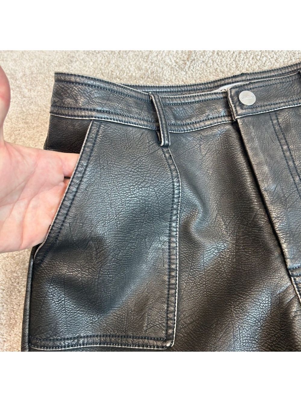 Zara Black faux leather pleather vegan rustic straight leg pants Sz 6 NWOT - Picture 3 of 12